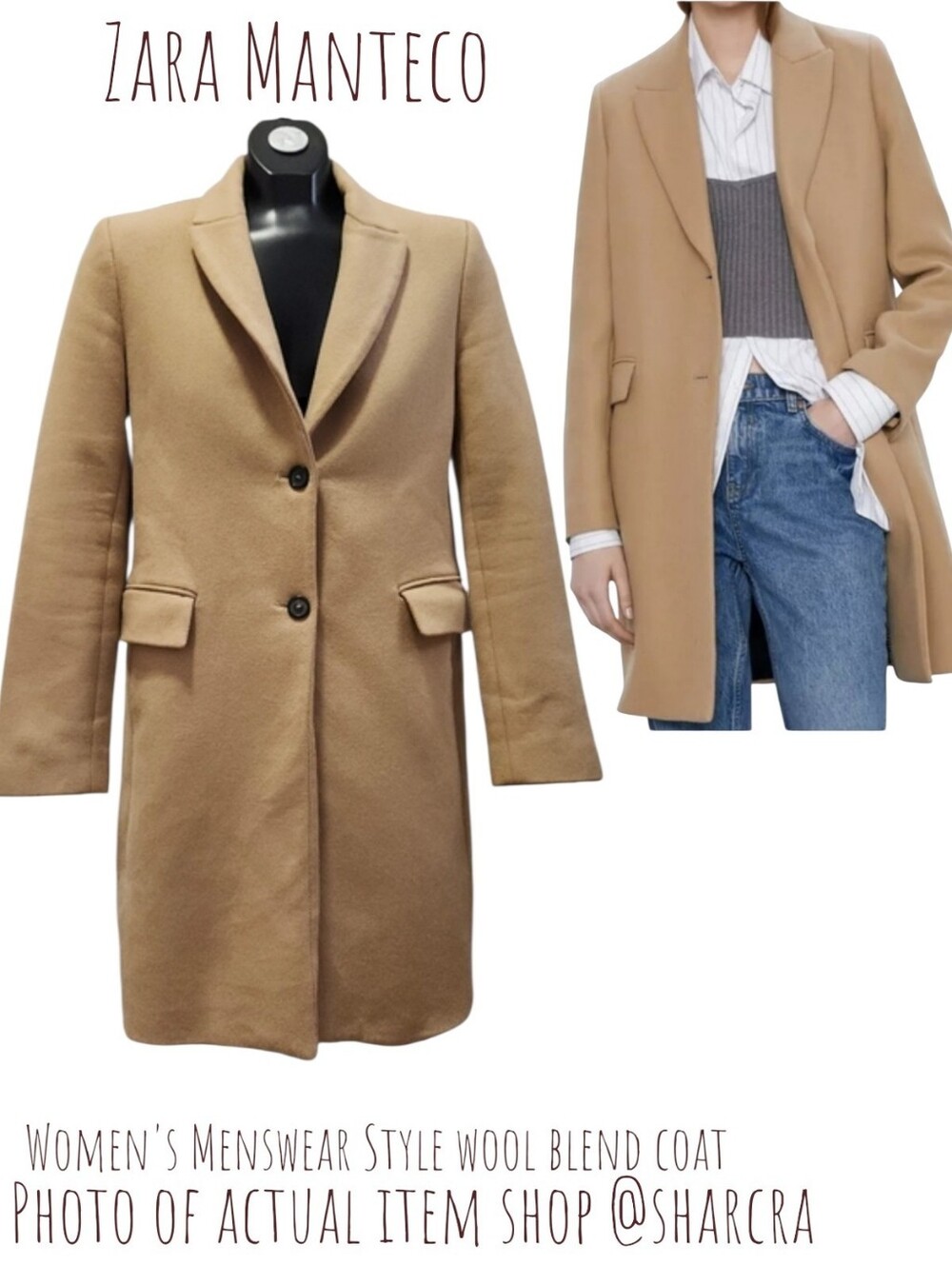 Zara Manteco Women's Menswear Style wool blend Long trench coat xs Camel Toffee